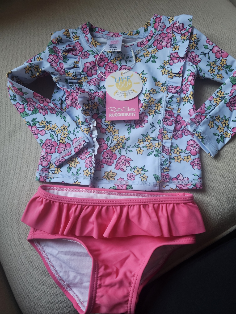 Ruffle Butts Floral Light Blue & Bright Pink Long-Sleeve Rashguard Bikini Set